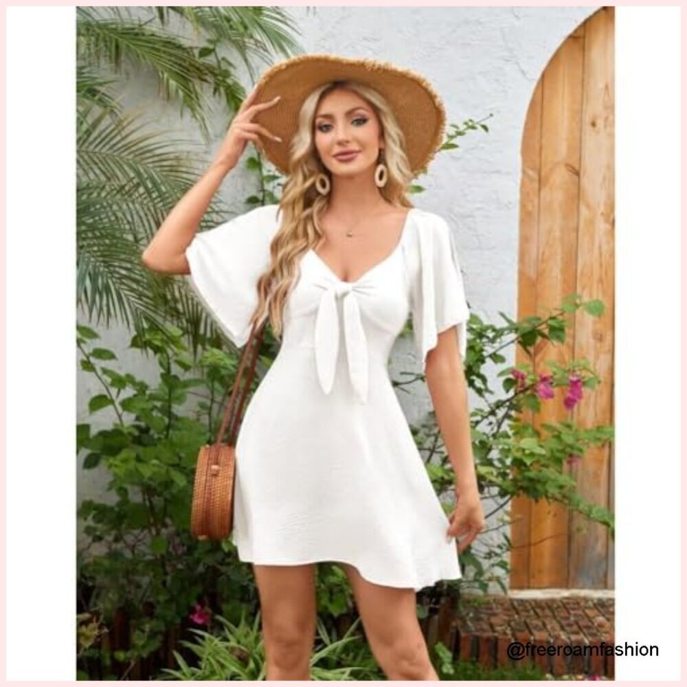 V-Neck Bow Tie Ruffle Mini Dress Casual Short Sleeve Sundress - Picture 2 of 7
